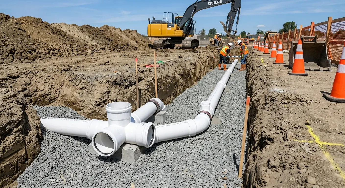 New PVC sewer pipe installation in open trench for Sewer Backup in Red Bank