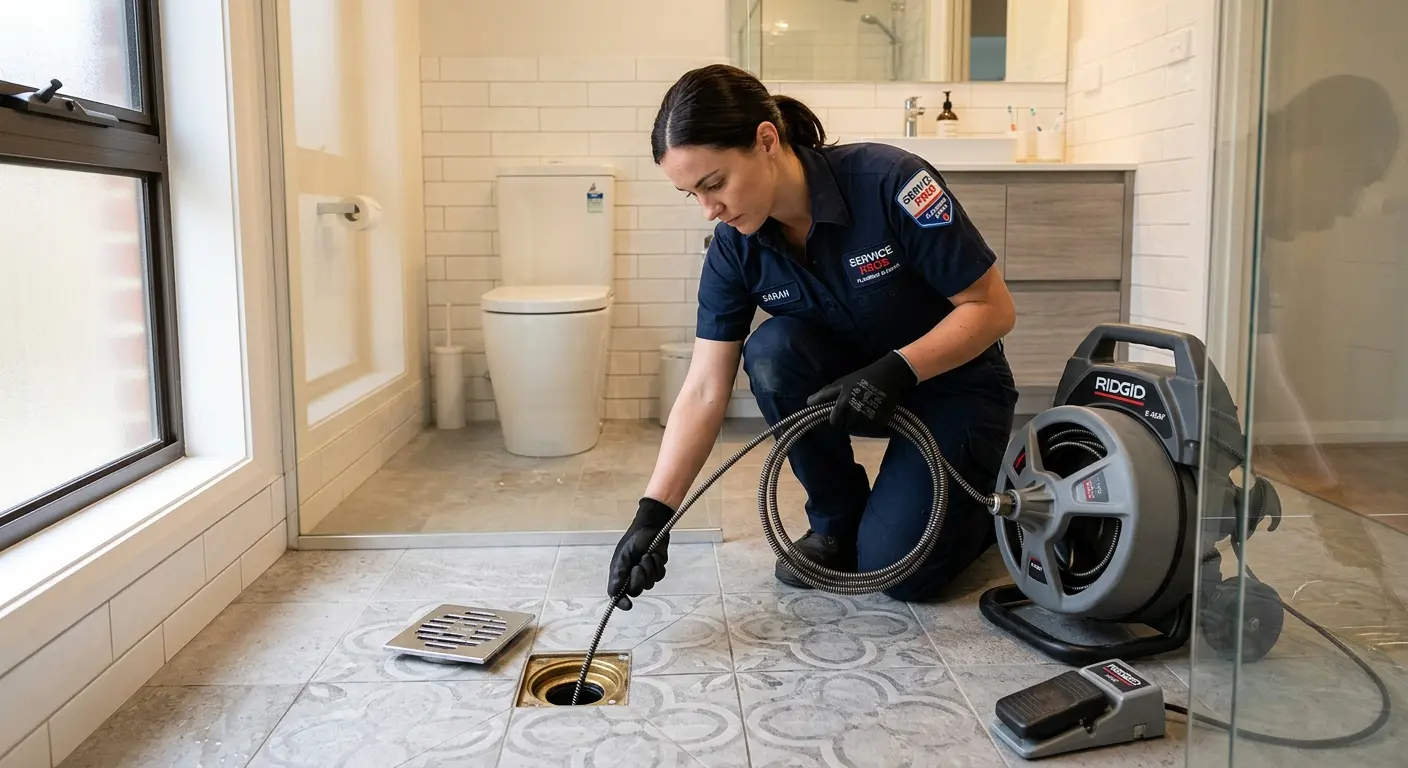 Technician clearing a bathroom floor drain for Sewer Line Replacement in Red Bank
